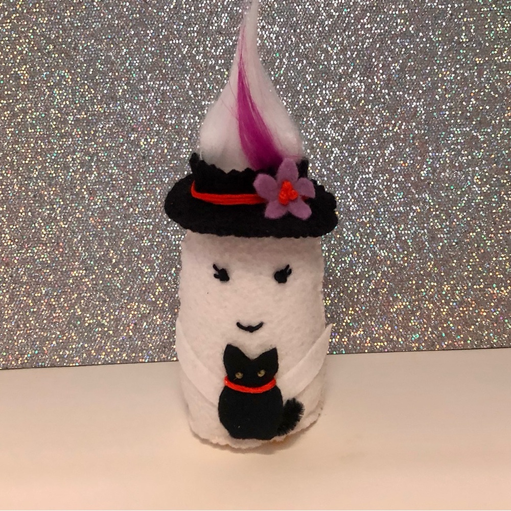 Hand-sewn felt Witch Ghost black cat, summerween handmade embroidery art doll
